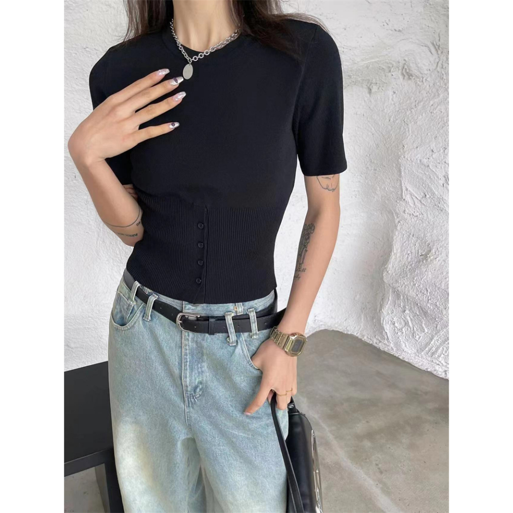 Áo Dệt Kim Ngắn Tay Hở Rốn Thời Trang Cho Nữ