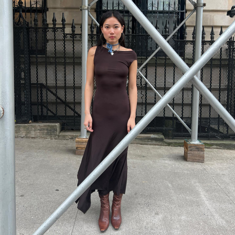 Weird Puss Đầm Maxi Lệch Vai Ôm Dáng Co Giãn Màu Trơn Đơn Giản Thanh Lịch Cho Nữ