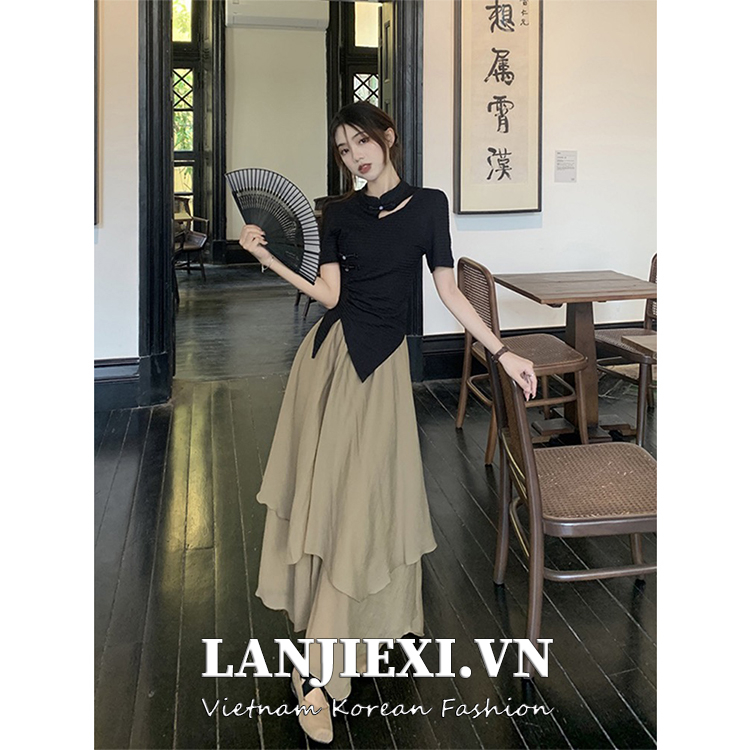 LANJIEXI Bộ Áo Thun Ngắn Tay + Chân Váy Dài Phong Cách Trung Hoa Thời Trang Mùa Hè Hàng Mới Cao Cấp