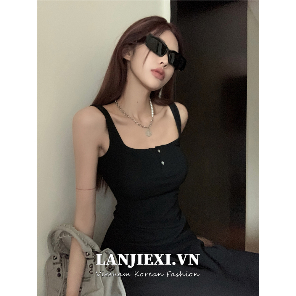 LANJIEXI Đầm Midi Hai Dây Dáng Chữ a Màu Đen Trơn Cho Nữ