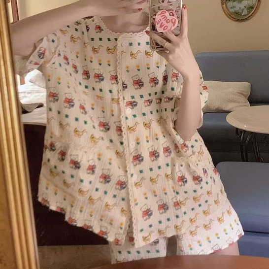 Bộ Đồ Ngủ Tay Ngắn Chất Liệu Cotton Polyester Viền Ren Họa Tiết Gấu Hoạt Hình Dễ Thương Thời Trang Mùa Hè Cho Nữ