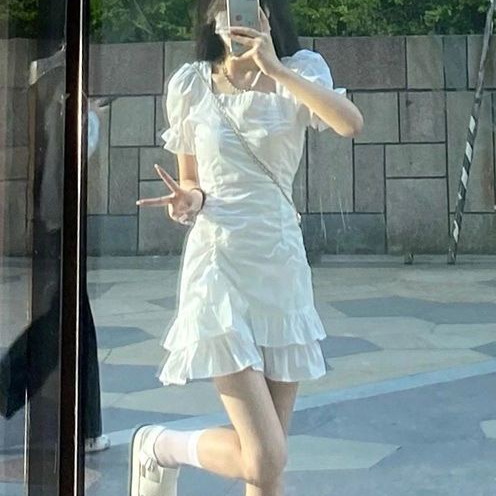 Đầm Trắng Cổ Vuông Tay Phồng Ngắn Nhấn Eo Thời Trang Mùa Hè Kiểu Pháp Xinh Xắn Cho Nữ