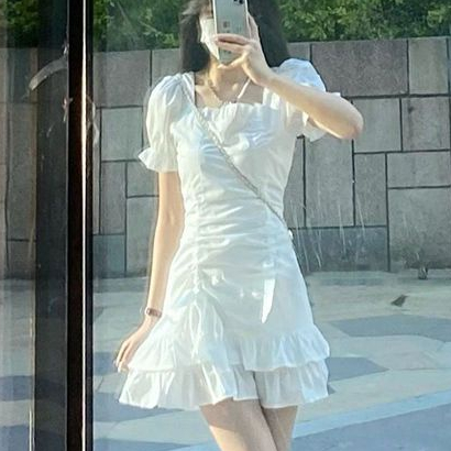 Đầm Trắng Cổ Vuông Tay Phồng Ngắn Nhấn Eo Thời Trang Mùa Hè Kiểu Pháp Xinh Xắn Cho Nữ