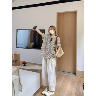 🍓Bộ đồ lười biếng rộng thùng thình, sọc đơn giản, áo thun ngắn tay+quần đùi rộng thùng thình, áo thun dài trung bình.