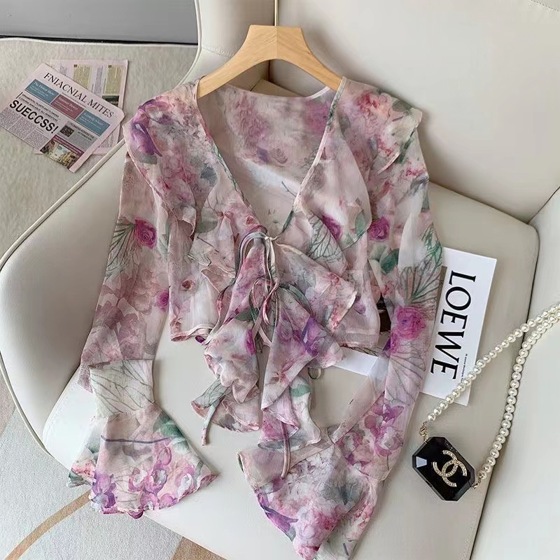 Áo Kiểu Tay Dài Cổ Chữ v Form Rộng Họa Tiết Hoa Phong Cách retro Thời Trang Hàn Quốc