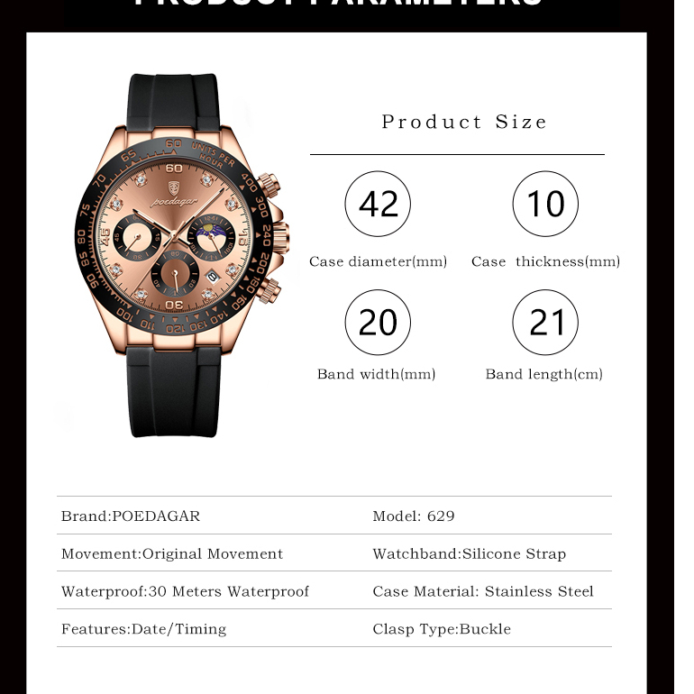 POEDAGAR Đồng hồ nam chính hãng Thiết kế mặt số Chronograph chống thấm nước dạ quang ROLEX Dayton 629