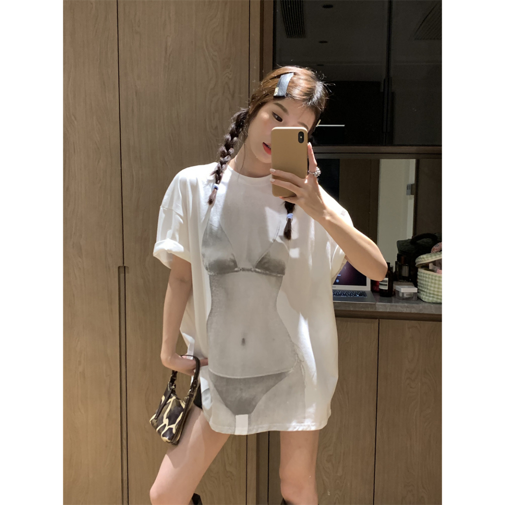 Ethelgirl Áo Thun Nữ Ngắn Tay Cổ Tròn In Hình Phong Cách retro Mỹ