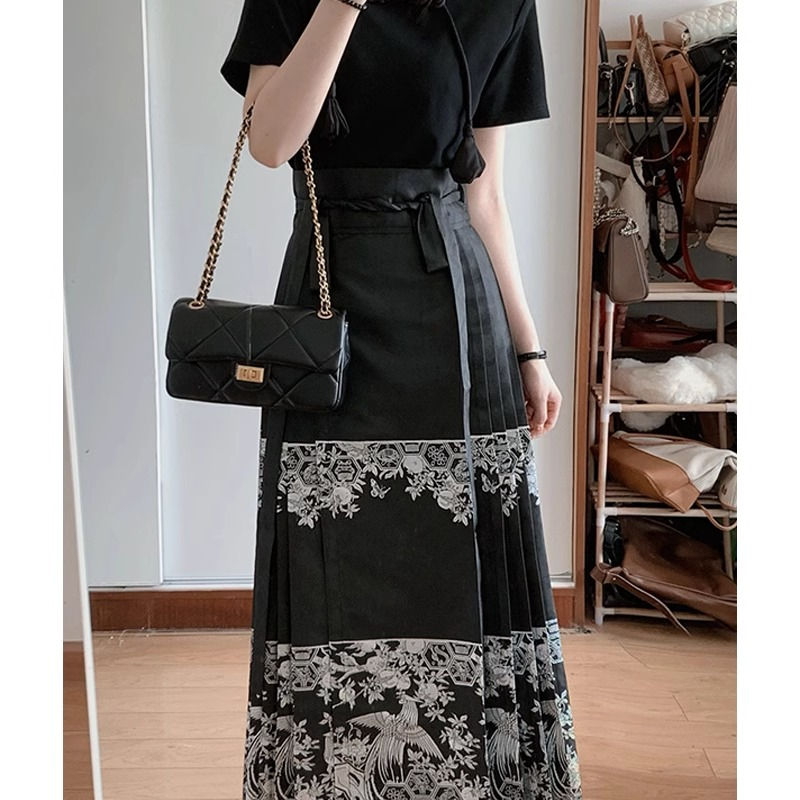 Xiaozhainv Set Áo Thun Ngắn Tay Cài Nút + Chân Váy Chữ A Lưng Cao Thời Trang Trung Hoa Cho Nữ