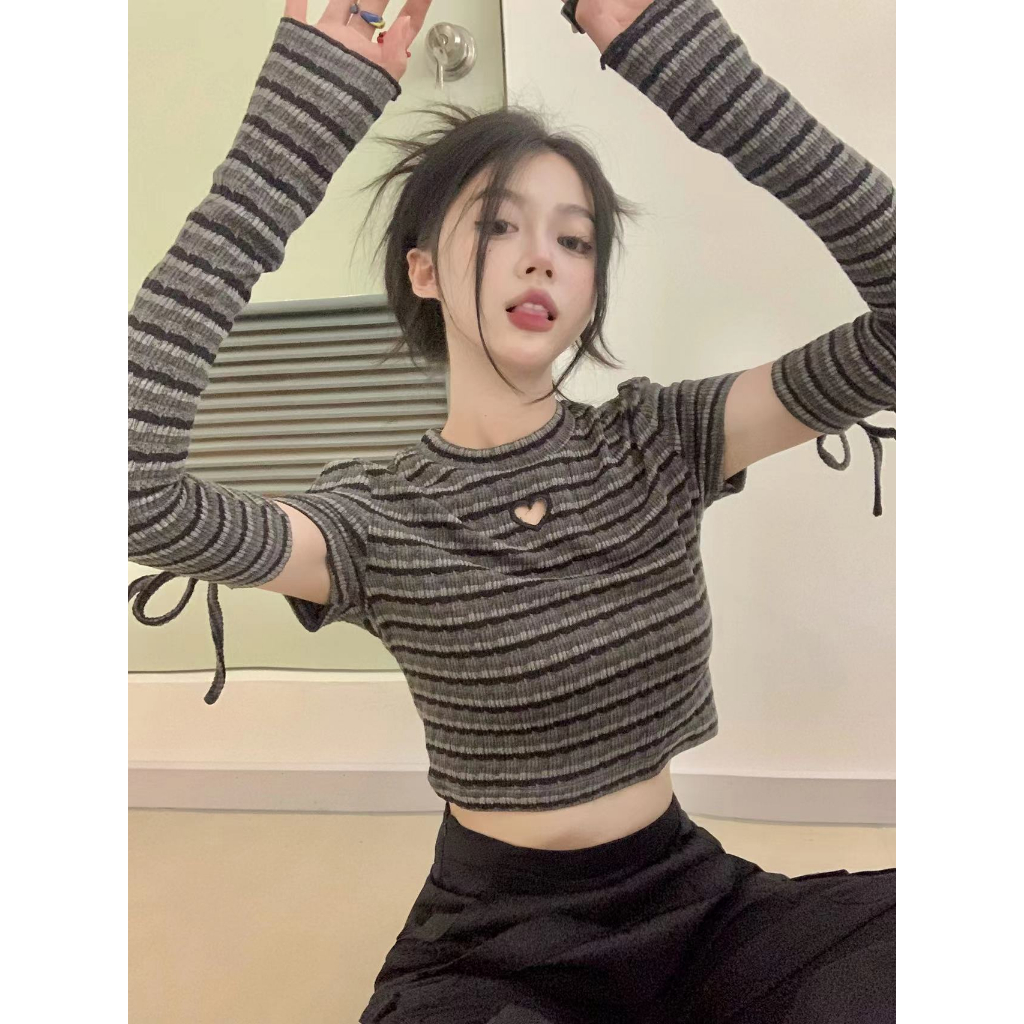 QKOOLE Áo Thun Tay Dài Dáng Ôm Họa Tiết Kẻ Sọc Thời Trang Mùa Hè 2023 Cho Nữ