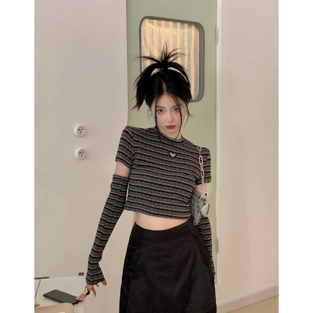 QKOOLE Áo Thun Tay Dài Dáng Ôm Họa Tiết Kẻ Sọc Thời Trang Mùa Hè 2023 Cho Nữ