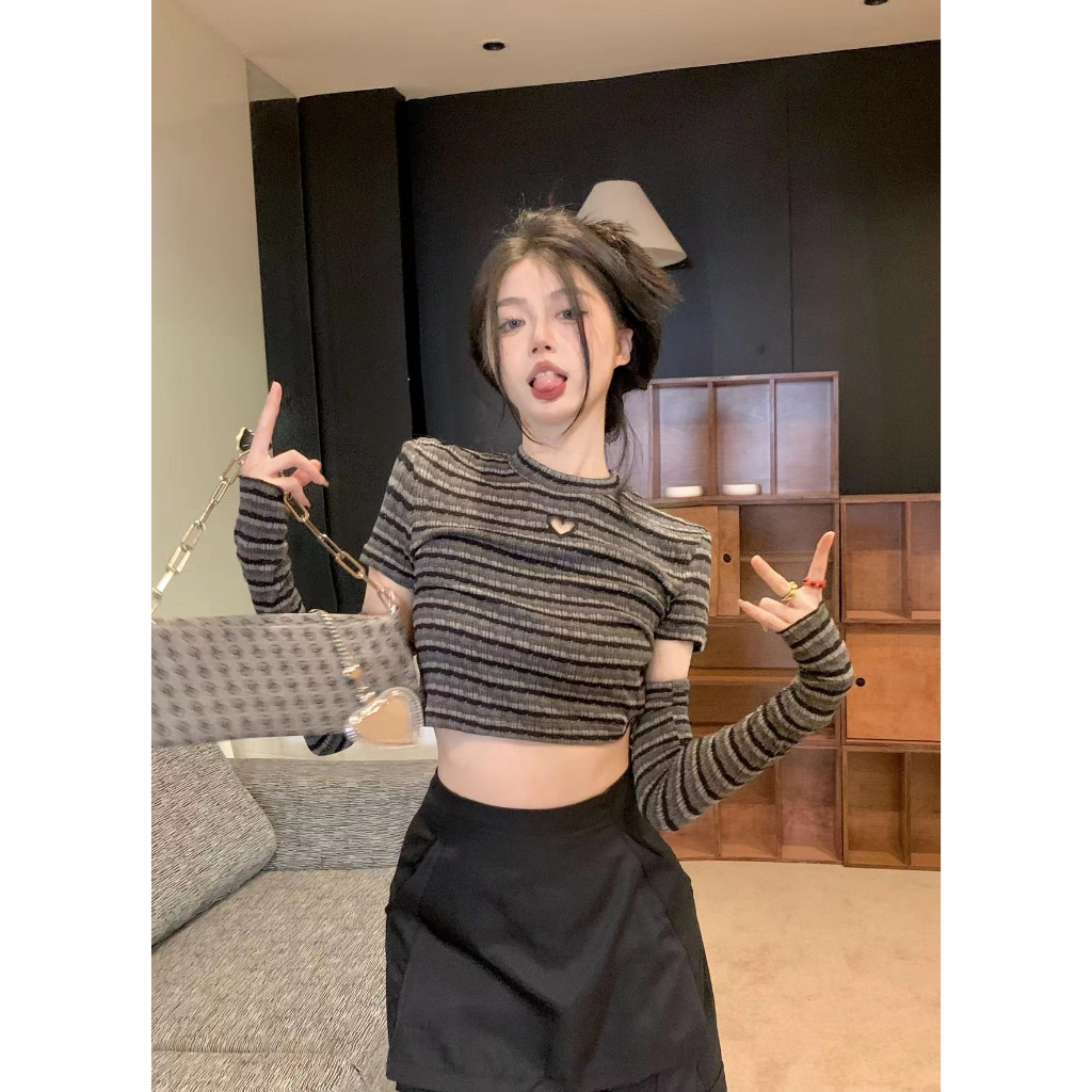 QKOOLE Áo Thun Tay Dài Dáng Ôm Họa Tiết Kẻ Sọc Thời Trang Mùa Hè 2023 Cho Nữ