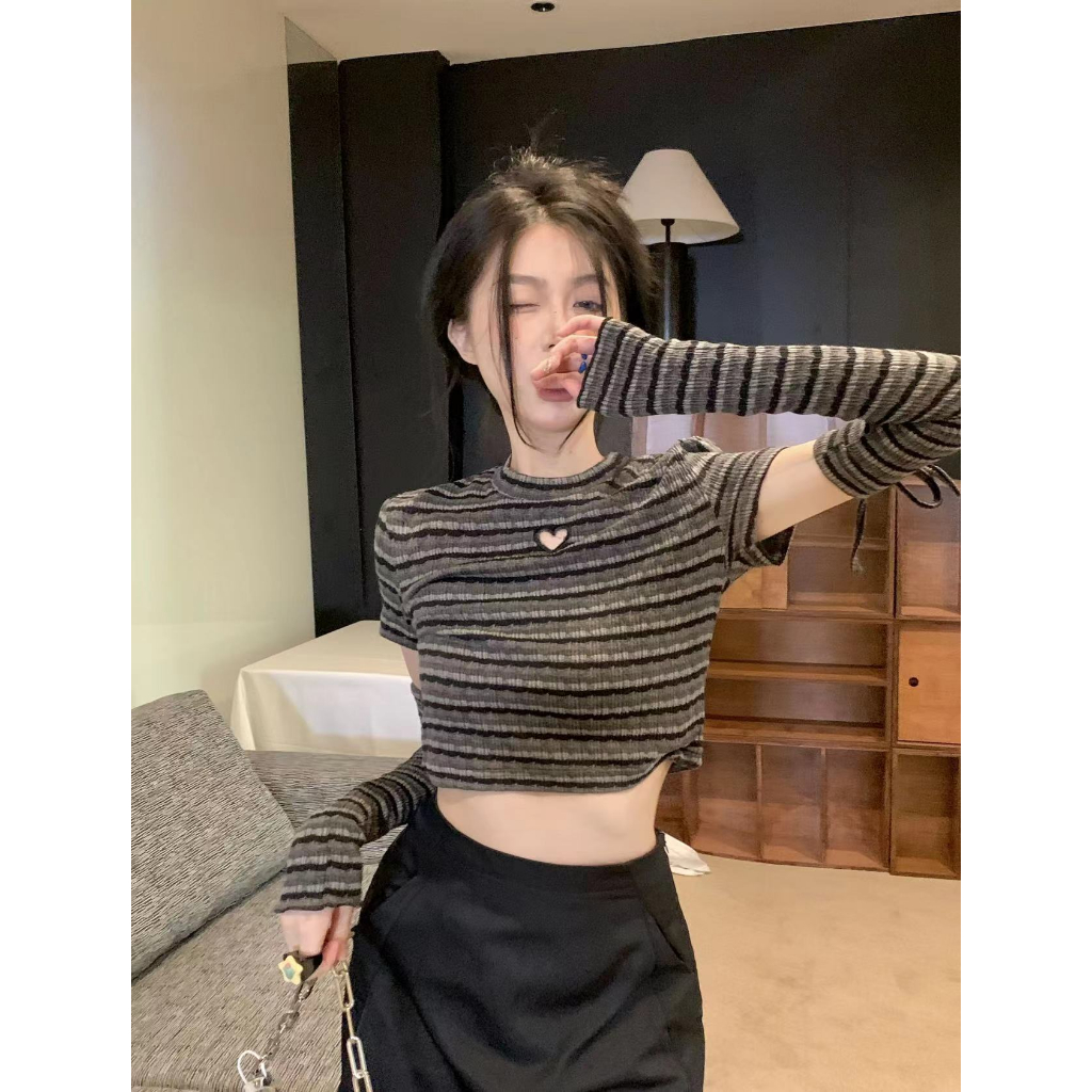 QKOOLE Áo Thun Tay Dài Dáng Ôm Họa Tiết Kẻ Sọc Thời Trang Mùa Hè 2023 Cho Nữ