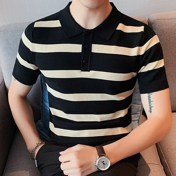 Áo polo Dệt Kim Kẻ Sọc Trắng Đen Thời Trang Mùa Hè Cho Nam Giới Có Size M-3xl