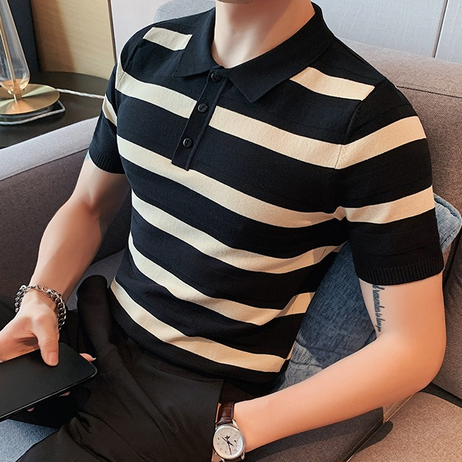 Áo polo Dệt Kim Kẻ Sọc Trắng Đen Thời Trang Mùa Hè Cho Nam Giới Có Size M-3xl