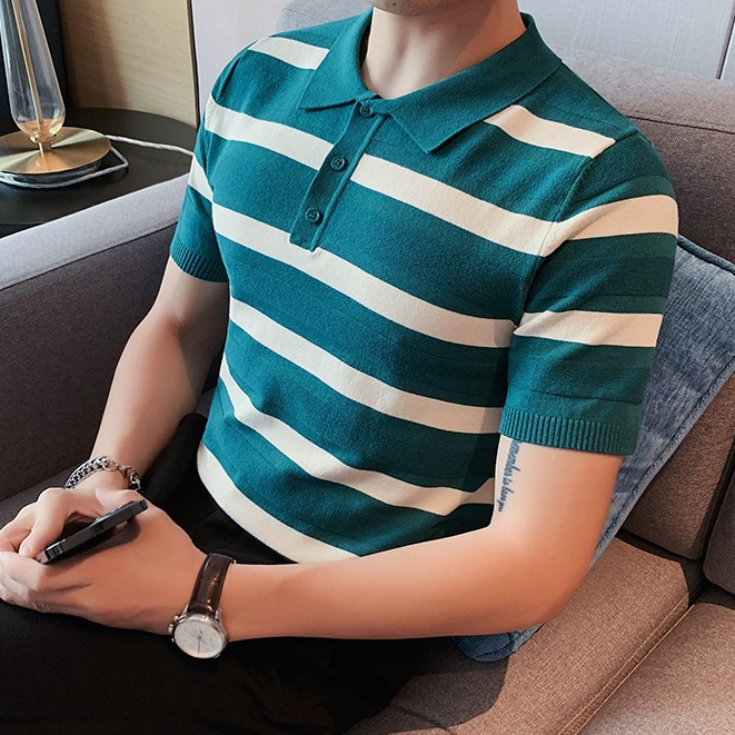 Áo polo Dệt Kim Kẻ Sọc Trắng Đen Thời Trang Mùa Hè Cho Nam Giới Có Size M-3xl