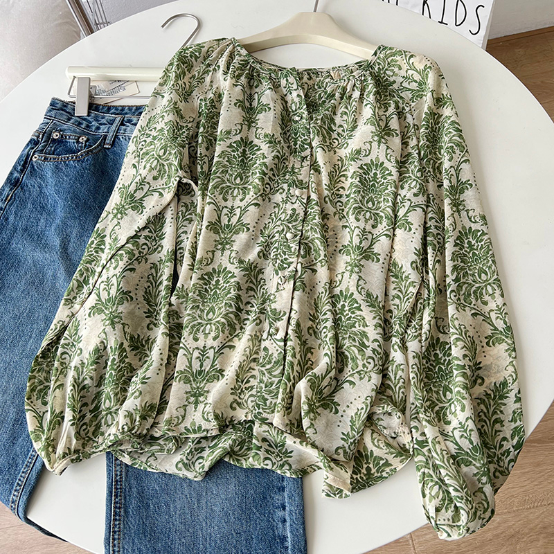 Áo Sơ Mi Chiffon Cổ Tròn Tay Dài Họa Tiết Hoa Thời Trang Hàn Quốc Cho Nữ