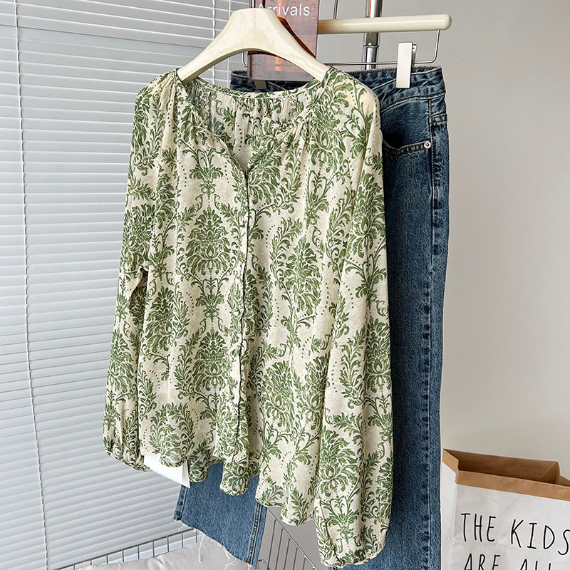 Áo Sơ Mi Chiffon Cổ Tròn Tay Dài Họa Tiết Hoa Thời Trang Hàn Quốc Cho Nữ