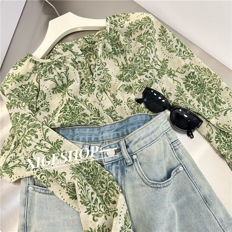 Áo Sơ Mi Voan Tay Dài In Hoa Phong Cách Hàn Quốc baju baju wanita Lenan panjang