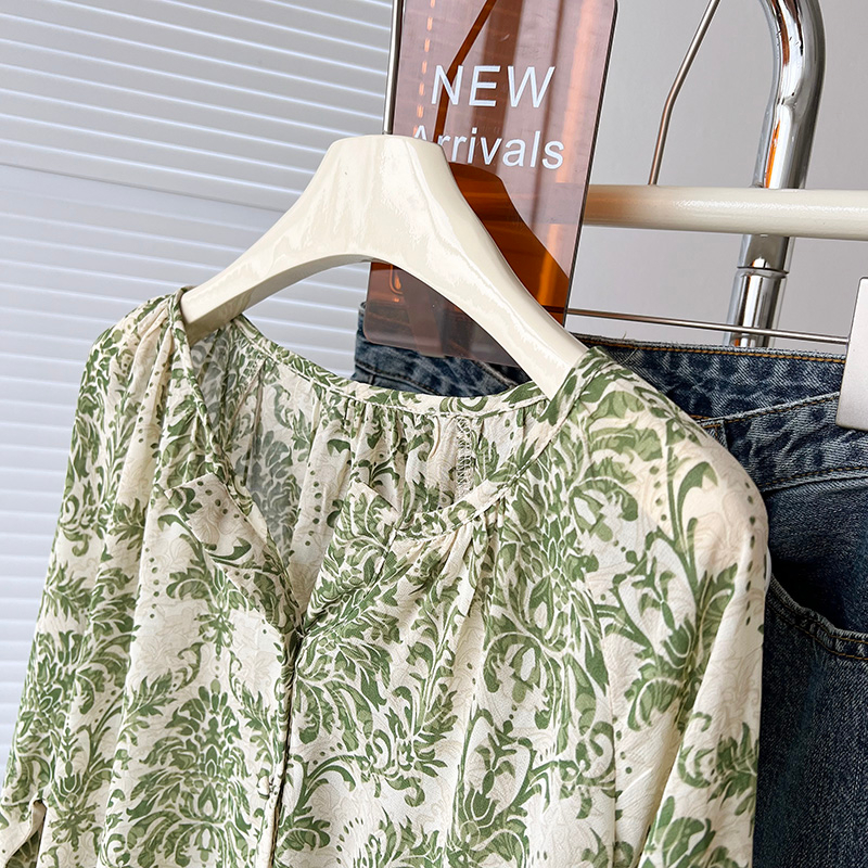 Áo Sơ Mi Chiffon Cổ Tròn Tay Dài Họa Tiết Hoa Thời Trang Hàn Quốc Cho Nữ