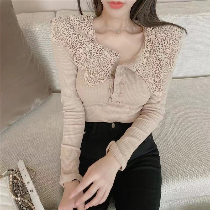 Áo Thun Ngắn Mỏng Tay Dài Cổ Bẻ Ghép Vải Ren Phong Cách Xuân Thu Mới 2023