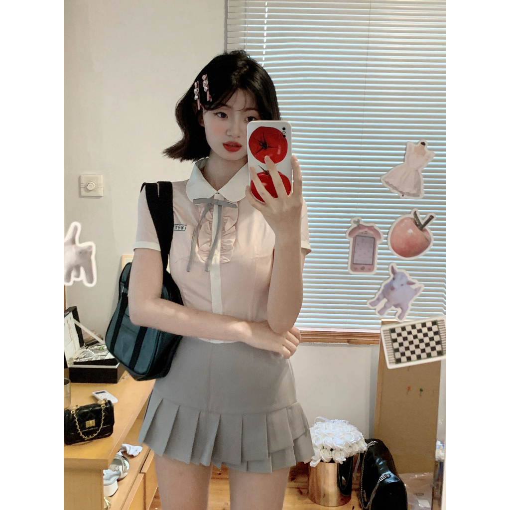 Cocory vn Set Áo Sơ Mi Ngắn Tay + Chân Váy Xếp Ly Lưng Cao Thời Trang Nữ