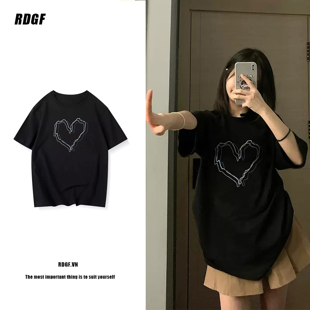 Áo Thun Cotton Tay Ngắn Dáng Rộng Màu Đen In Họa Tiết Trái Tim Xinh Xắn Cho Nữ