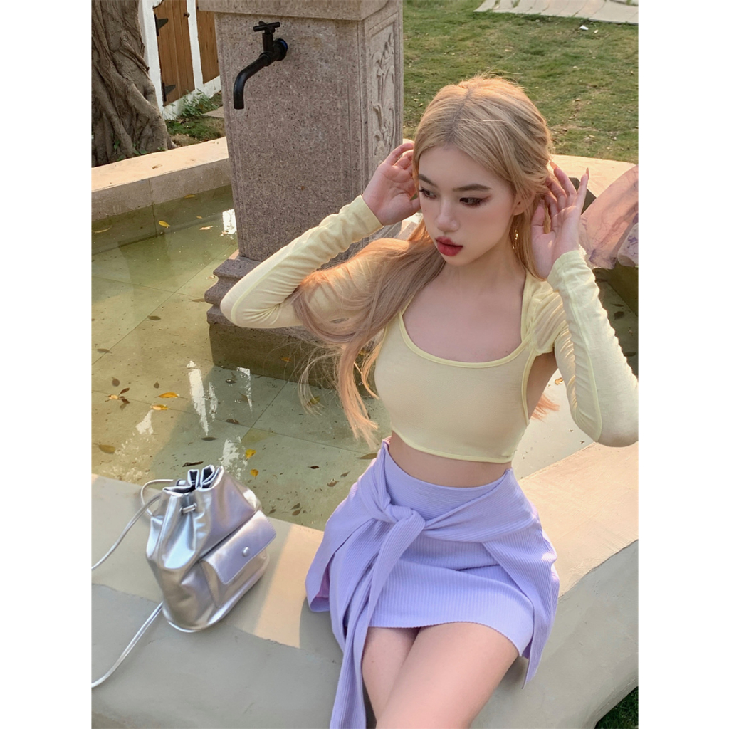 QADCOL Bộ Áo Dệt Kim Mỏng Phối Chân Váy Ngắn Ôm Hông Kiểu Mỹ Thiết Kế Tinh Khiết Cho Nữ