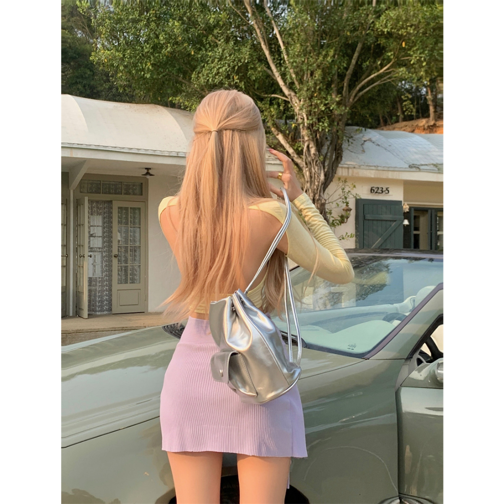 QADCOL Bộ Áo Dệt Kim Mỏng Phối Chân Váy Ngắn Ôm Hông Kiểu Mỹ Thiết Kế Tinh Khiết Cho Nữ