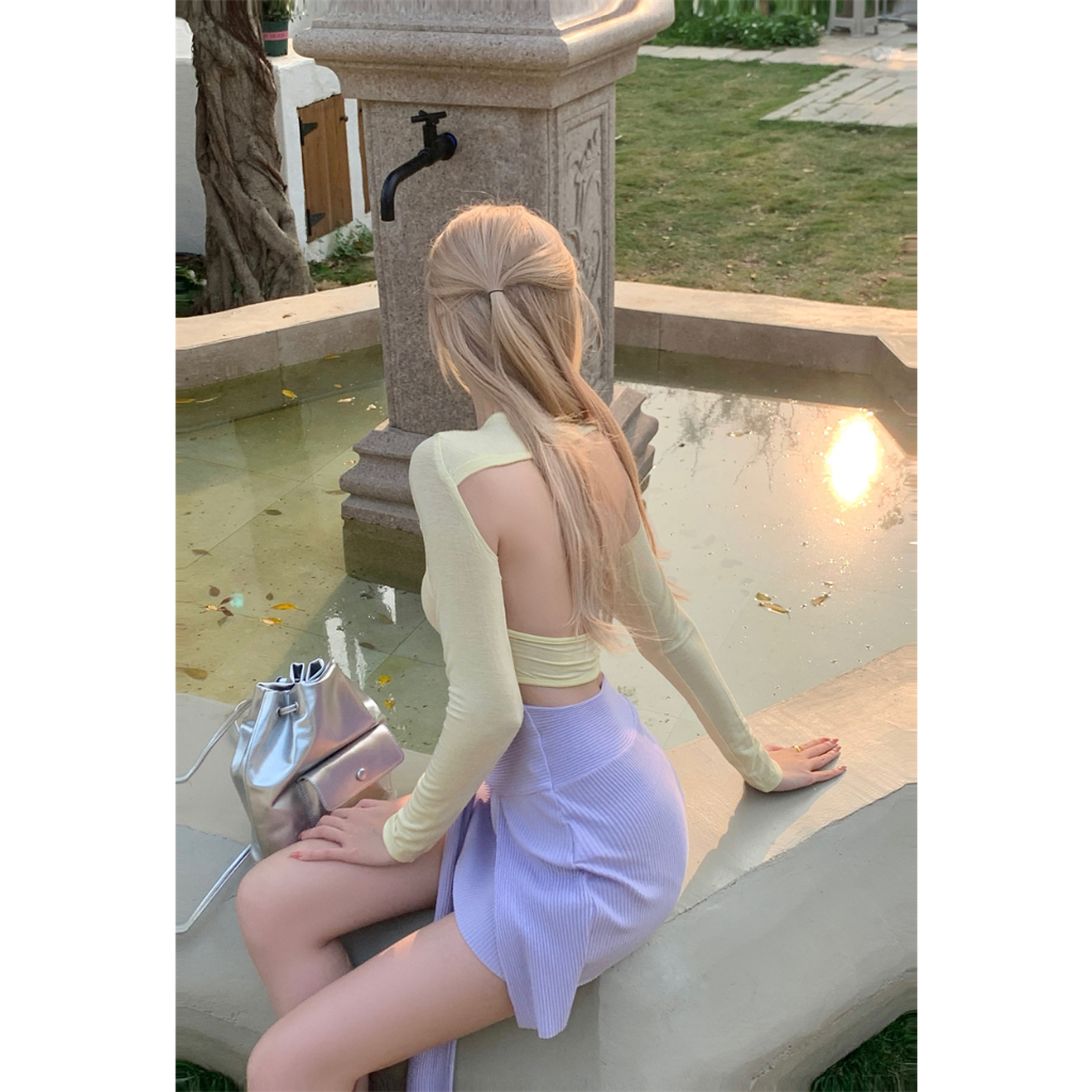 QADCOL Bộ Áo Dệt Kim Mỏng Phối Chân Váy Ngắn Ôm Hông Kiểu Mỹ Thiết Kế Tinh Khiết Cho Nữ