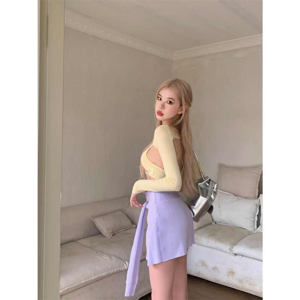 QADCOL Bộ Áo Dệt Kim Mỏng Phối Chân Váy Ngắn Ôm Hông Kiểu Mỹ Thiết Kế Tinh Khiết Cho Nữ