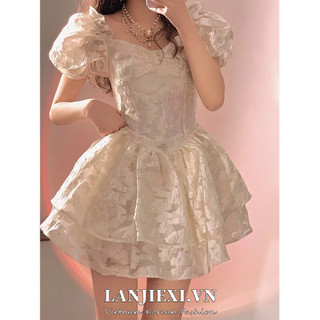 Minimalist Labo Đầm Công Chúa Tay Phồng Cổ Vuông Ôm Eo Thời Trang Mùa Hè Phong Cách Pháp Mới Cho Nữ