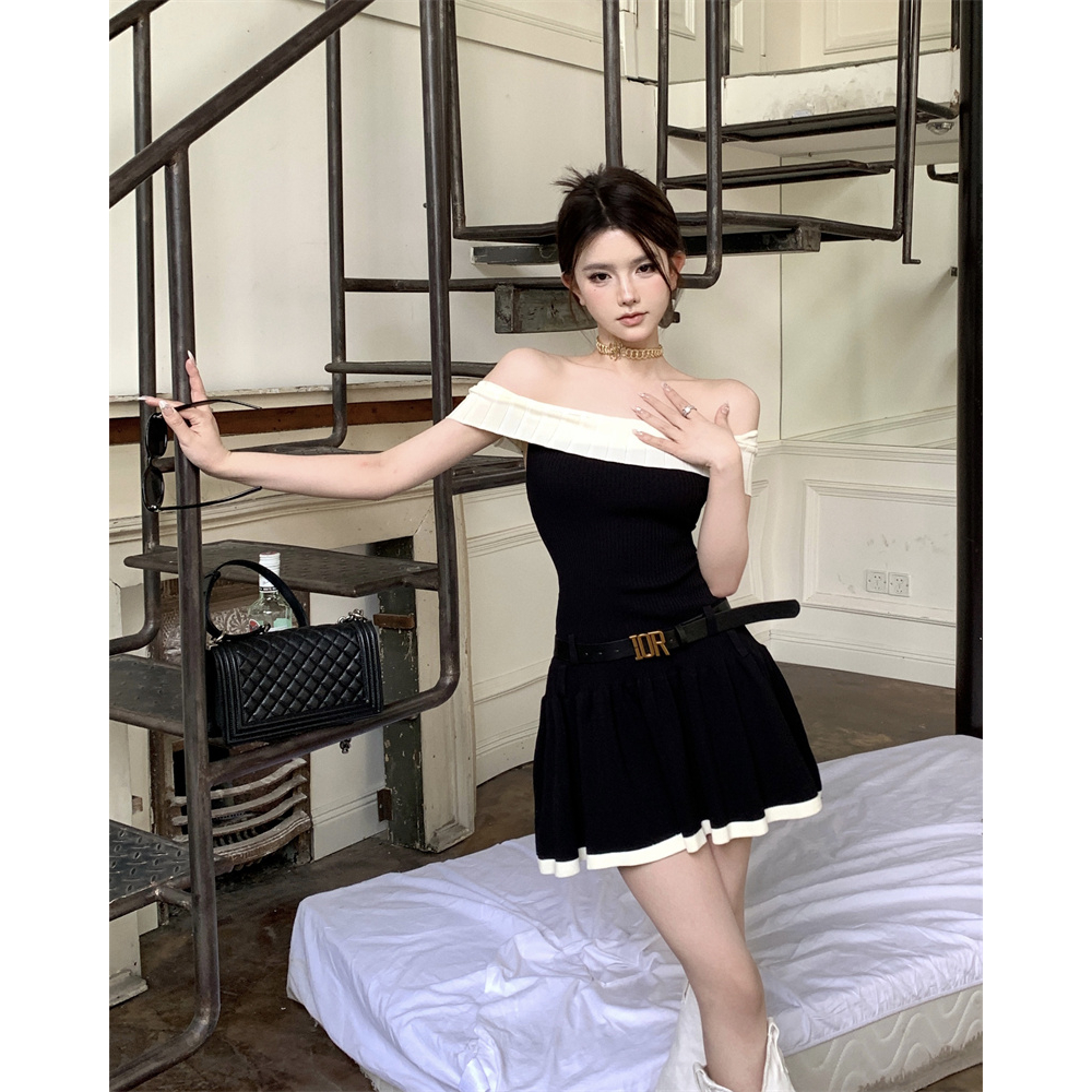 Đầm Dệt Kim Sát Nách Lưng Cao Màu Tương Phản Thời Trang Hàn Quốc Cho Nữ