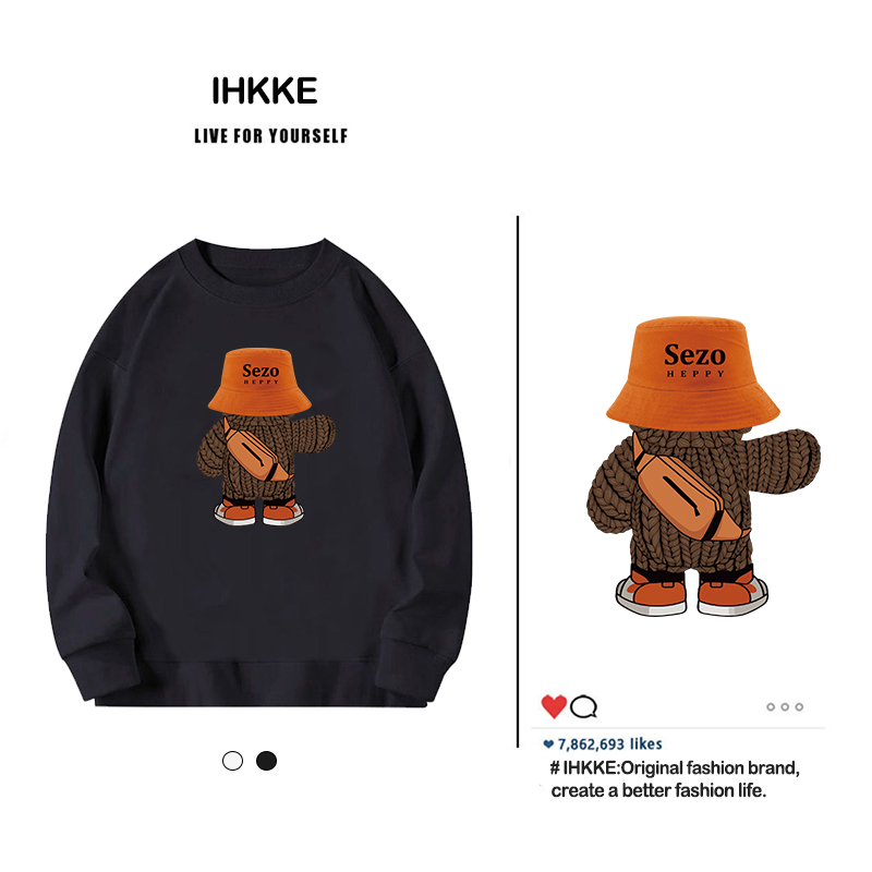 ihkke Áo Sweater 100% cotton Màu Đen Cổ Tròn In Hình Gấu Hoạt Hình Phong Cách Hàn Quốc Thời Trang Cho Nam Nữ