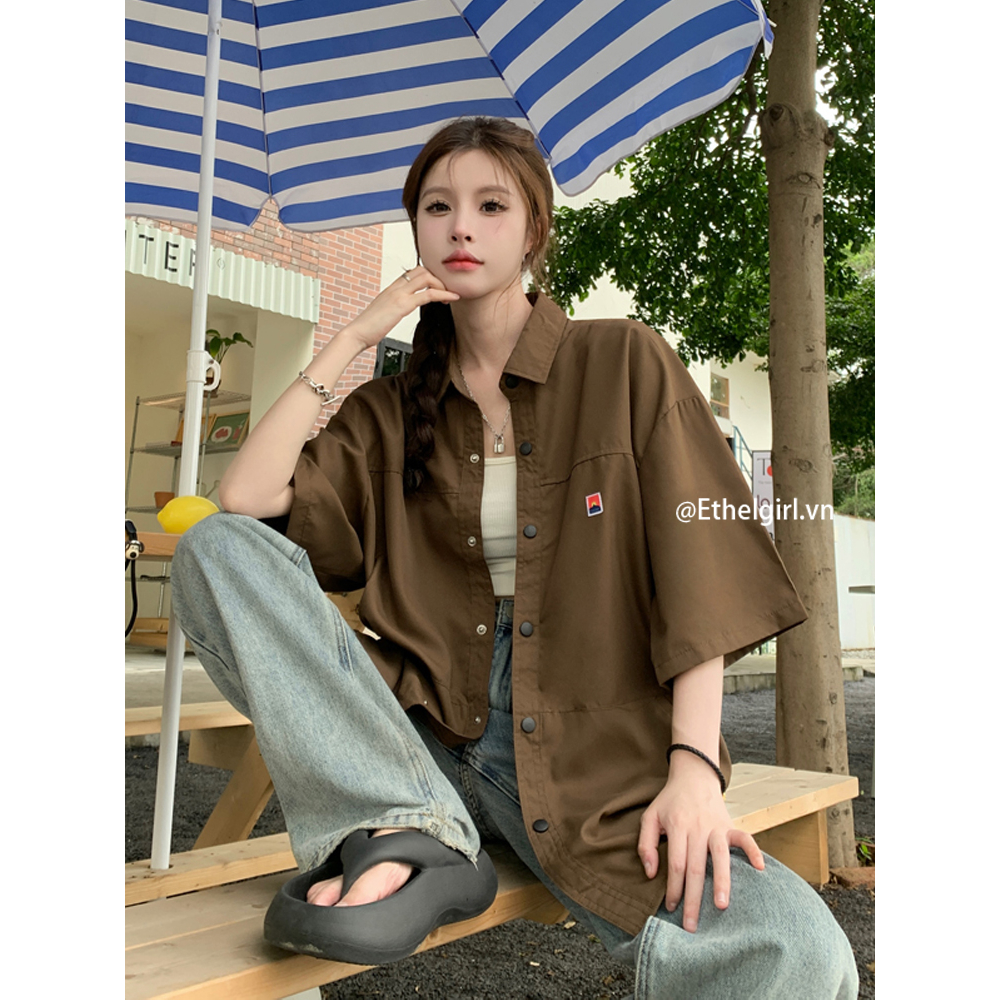 Ethelgirl Áo Sơ Mi Tay Ngắn Dáng Rộng Phong Cách Retro Mỹ Độc Đáo Thời Trang Cho Nữ