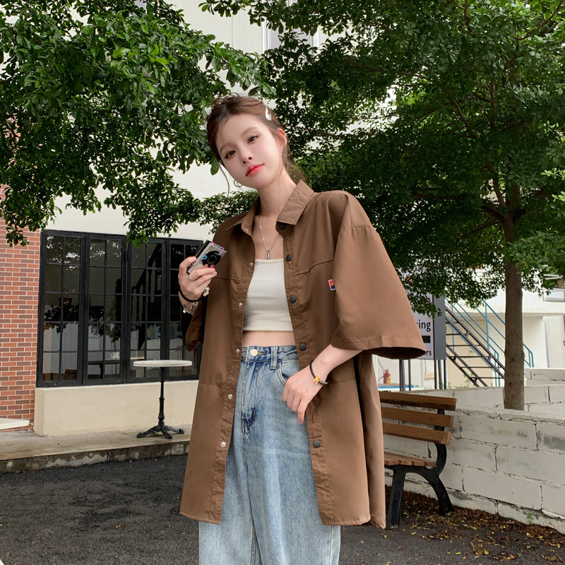 Ethelgirl Áo Sơ Mi Tay Ngắn Dáng Rộng Phong Cách Retro Mỹ Độc Đáo Thời Trang Cho Nữ