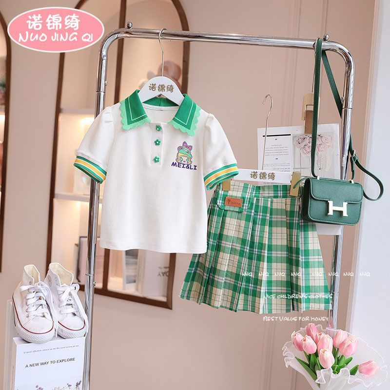 Bộ Đồng Phục Áo Thun Tay Ngắn Phối Chân Váy Xếp Ly Sọc Caro Mùa Hè Cho Bé Gái 3-14 Tuổi