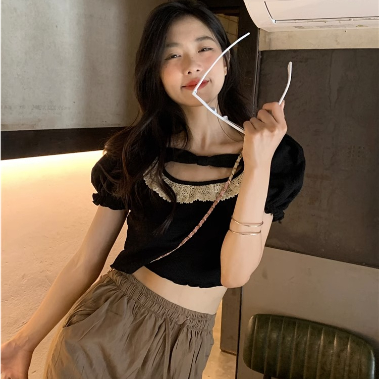 Phiên bản Hàn Quốc ngọt ngào kiểu dáng cổ tròn thiết kế áo thun mỏng dệt kim tay ngắn mùa hè cho nữ áo ngắn đẹp