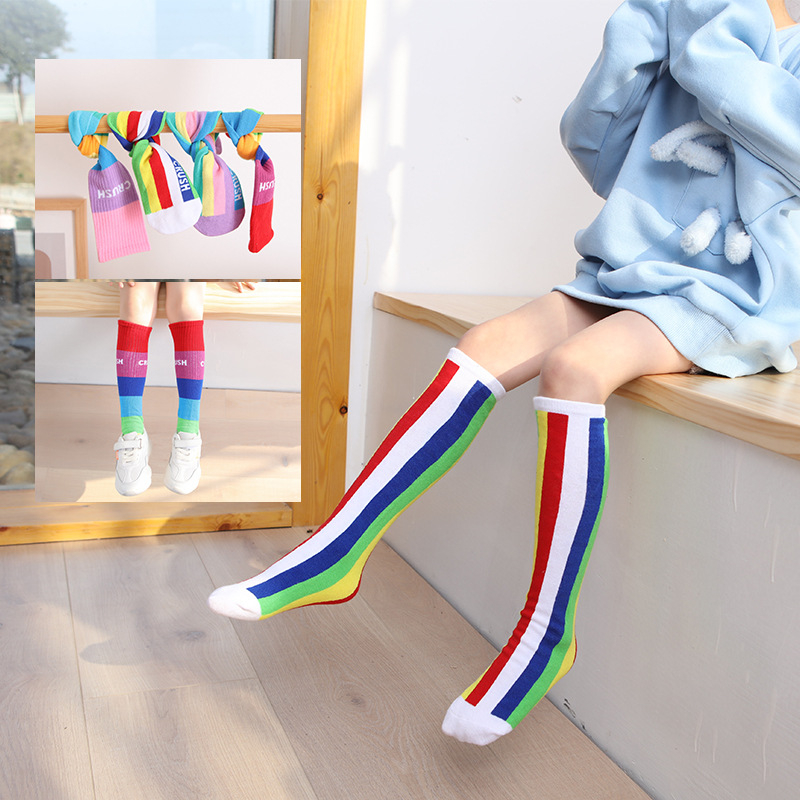 Vớ Cotton Cổ Vừa Thoáng Khí Họa Tiết Kẻ Sọc Cầu Vồng Thời Trang Hè Thu Dành Cho Bé Gái 3-12 Tuổi