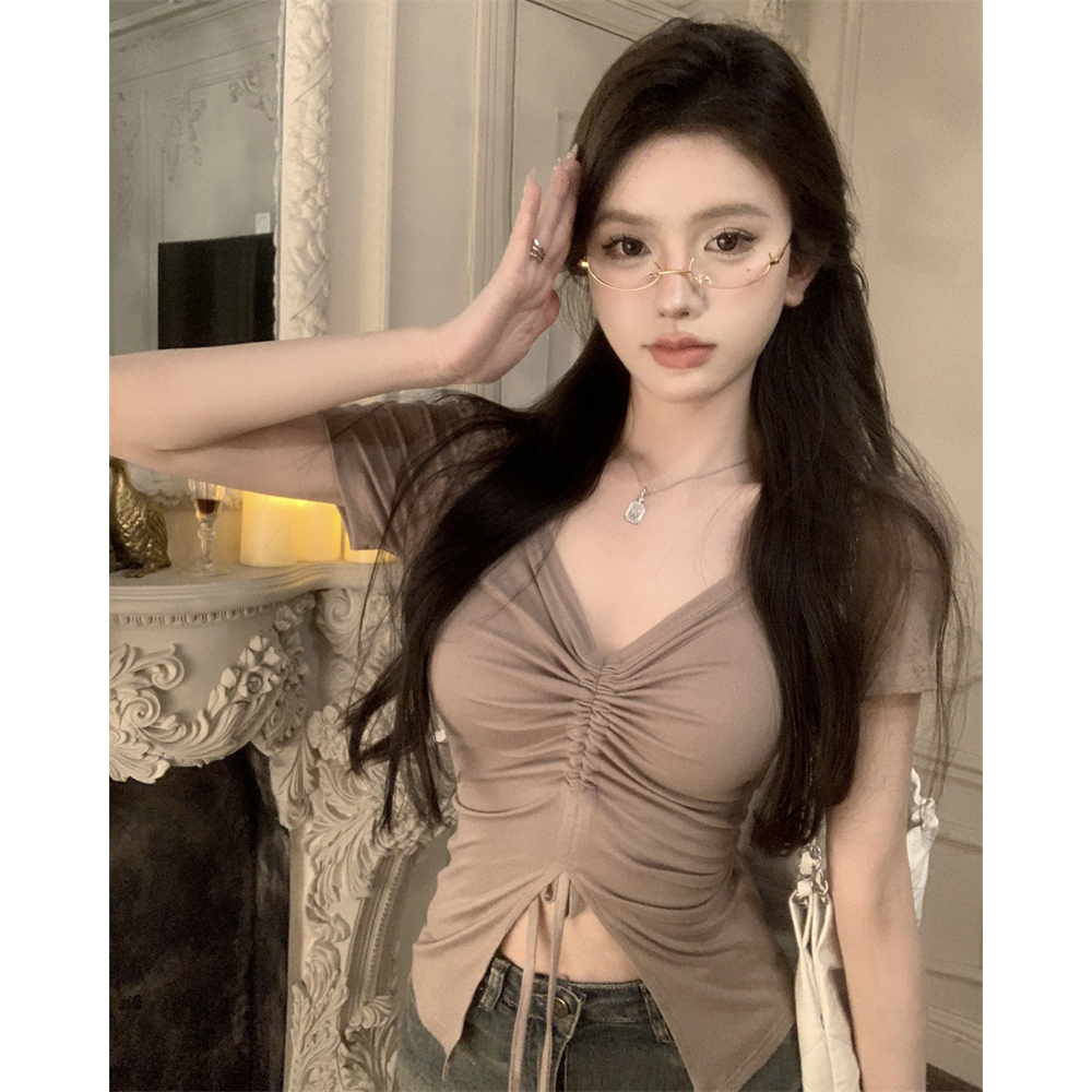 Áo Thun Croptop Tay Ngắn Cổ Chữ V Dáng Ôm Màu Trơn Thời Trang Mùa Hè Phong Cách Hàn Quốc Cho Nữ