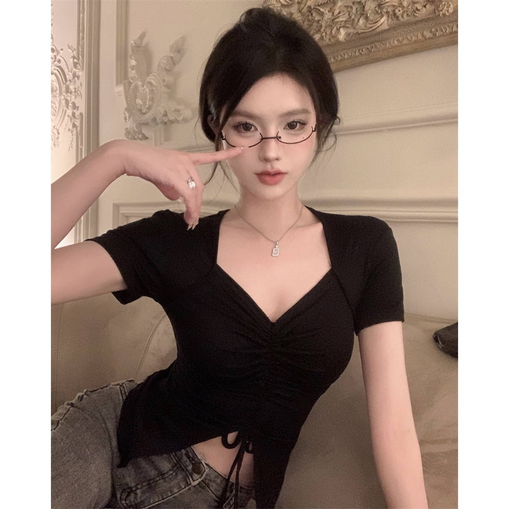 Áo Thun Croptop Tay Ngắn Cổ Chữ V Dáng Ôm Màu Trơn Thời Trang Mùa Hè Phong Cách Hàn Quốc Cho Nữ