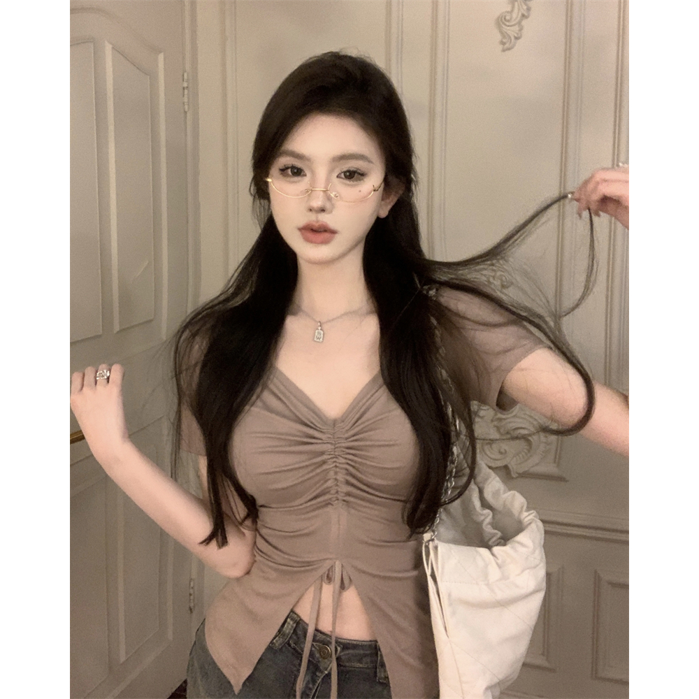 Áo Thun Croptop Tay Ngắn Cổ Chữ V Dáng Ôm Màu Trơn Thời Trang Mùa Hè Phong Cách Hàn Quốc Cho Nữ