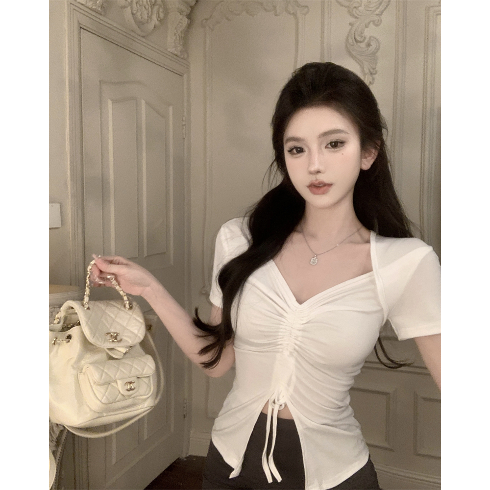 Áo Thun Croptop Tay Ngắn Cổ Chữ V Dáng Ôm Màu Trơn Thời Trang Mùa Hè Phong Cách Hàn Quốc Cho Nữ