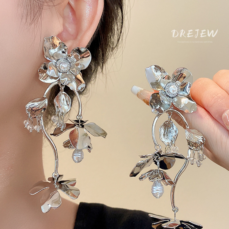 Bông Tai Kim Bạc Hình Hoa Đính Ngọc Trai Giả Phong Cách Âu Mỹ Thời Trang