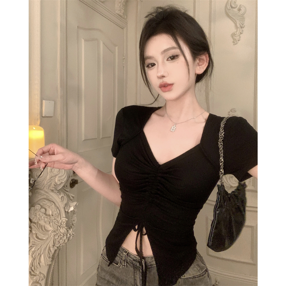 Áo Thun Croptop Tay Ngắn Cổ Chữ V Dáng Ôm Màu Trơn Thời Trang Mùa Hè Phong Cách Hàn Quốc Cho Nữ