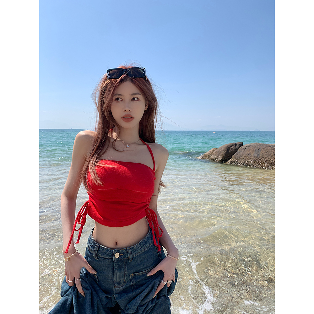 QADCOL Áo Tank Top Dây Rút Cổ Màu Trơn Hở Lưng Đẹp Mắt Thời Trang Mùa Hè Dành Cho Nữ