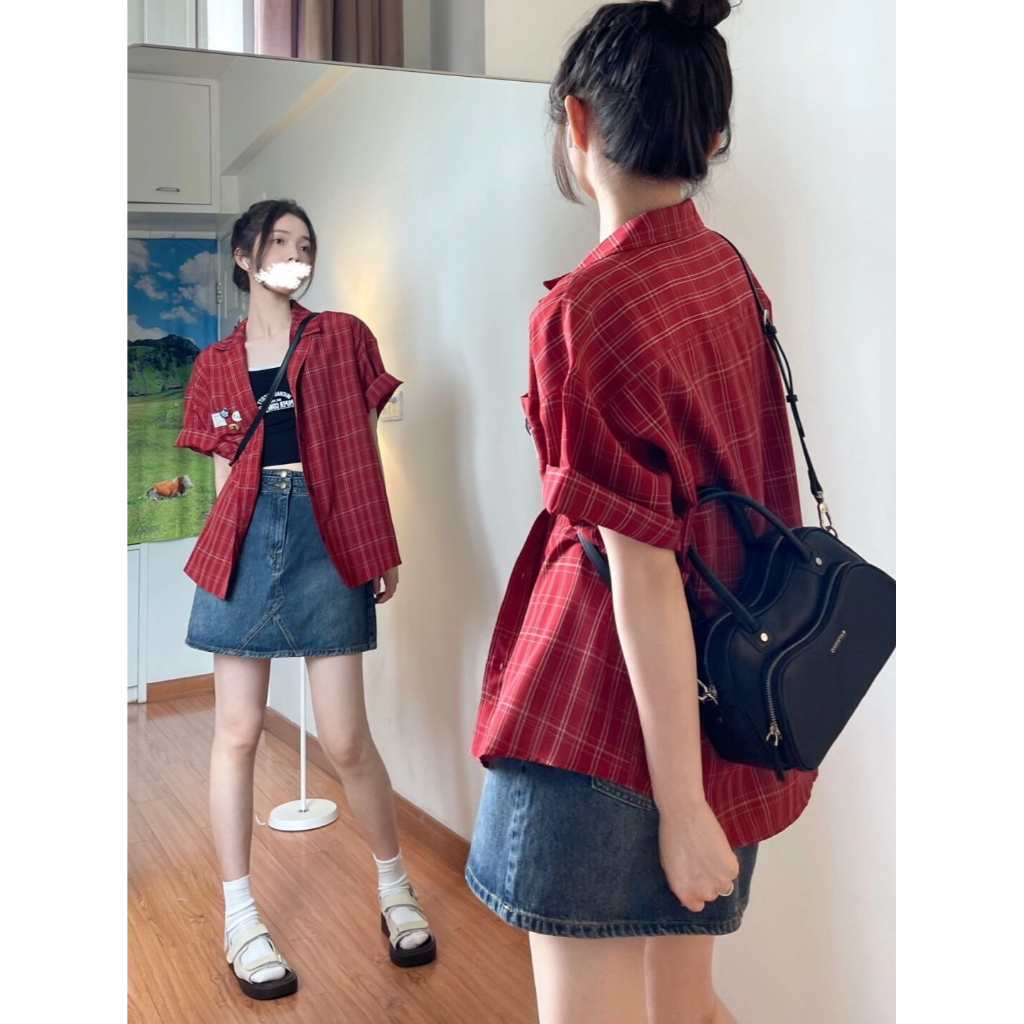 Áo Sơ Mi Caro Đỏ Phong Cách retro Nhật Bản