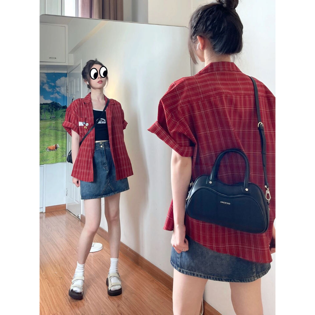 Áo Sơ Mi Caro Đỏ Phong Cách retro Nhật Bản