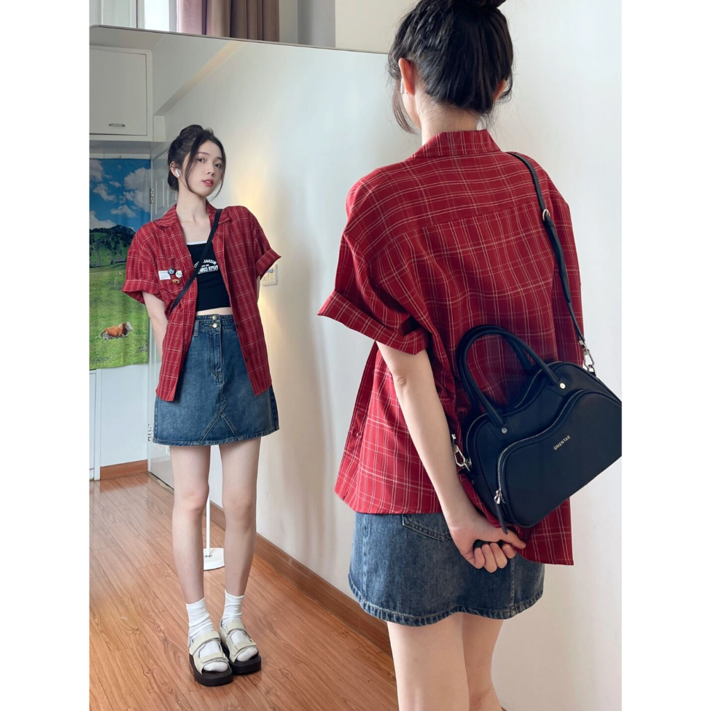 Áo Sơ Mi Caro Đỏ Phong Cách retro Nhật Bản