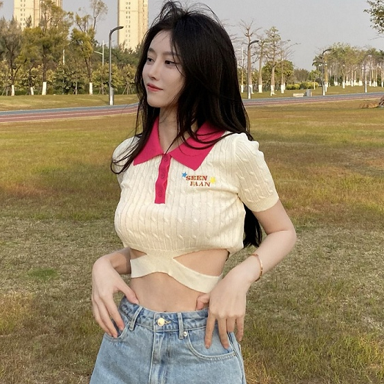 Nzn Áo Thun polo Dệt Kim Tay Ngắn Dáng Ôm Màu Tương Phản vintage Hàn Quốc Cho Nữ