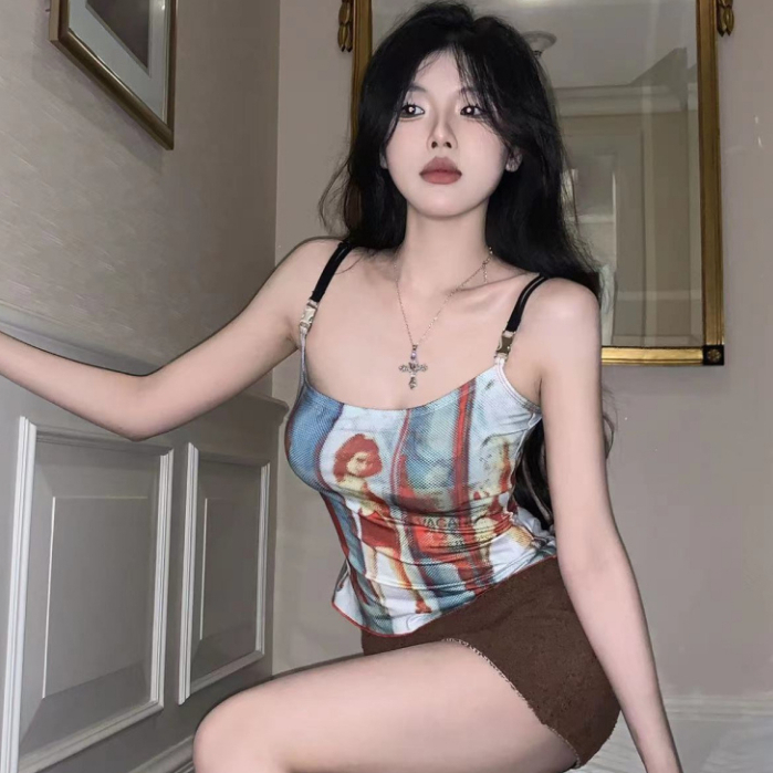 Áo Hai Dây In Họa Tiết Phong Cách Retro Mỹ Quyến Rũ Cho Nữ